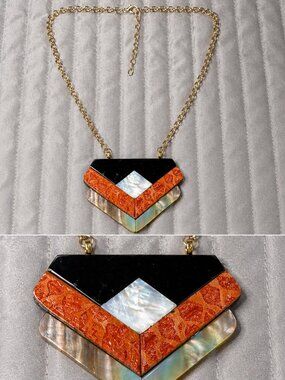 Geometric Statement Necklace Gold Chain Resin Shell Chevron Pendant